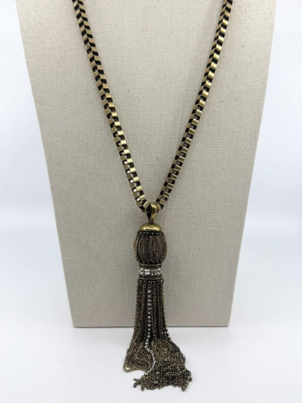 Antique Brass Tone Tassel Necklace with Sparkly Crystal Accent